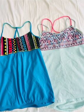 Ivivva Girls' Bright Blue & Light Mint Tank Tops with Neon Patterned Accents